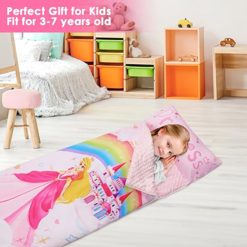 Kids Sleeping Bag Toddler Nap Mat with Removable Pillow, Large Foldable Sleeping Bag for Girls Boys, Easy Clean Slumber Ba...