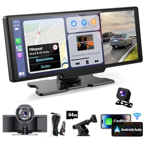 Wireless Portable Carplay Screen for Car - 10.26Inch Carplay & Android Auto Car Touch Stereo, with 4K Dash Cam, Backup Cam...