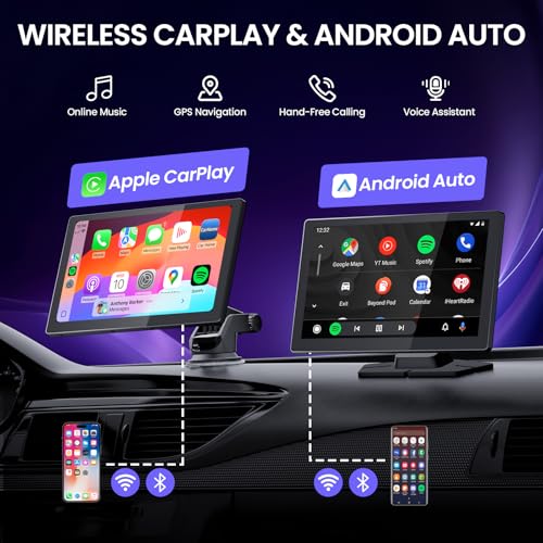 TECXERLLON 9.0'' Wireless Carplay Screen for Car with 4K Dash Cam & 1080P Backup Camera, Touchscreen Car Stereo with Carpl...
