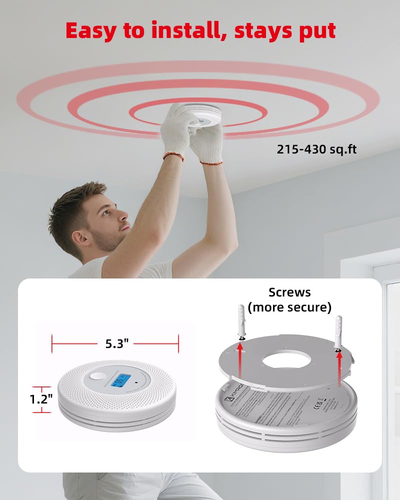 KIMROG 10-Year Sealed Battery 2-in-1 Smoke & Carbon Monoxide Detector Alarm | Home/Garage Combo CO & Smoke Alarm Detector with Backlit LCD Display & V-0 Flame-Retardant Housing (1-Pack)
