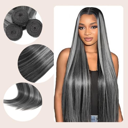 Straight Bundles P1B/Grey Human Hair Bundles 16 18 20 Inch Human Hair 3 Bundles Unprocessed Brazilian Virgin Quick Weave Human Hair Extensions For Black Women