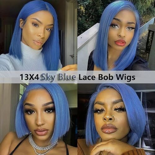 Light Blue Wigs 100% Brazilian Virgin Human Hair,Shiny and Bouncy 10A Grade Bob Wigs,13x4 HD Transparent Straight Lace Front Human Hair Wig 180% Density,Small Knots Easy to Bleach(16Inch,Light Blue)