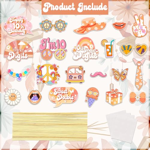Boho Groovy 10th Birthday Photo Booth Props, 10th Birthday Decorations for Girl, Groovy Double Digits Birthday Party Decor...
