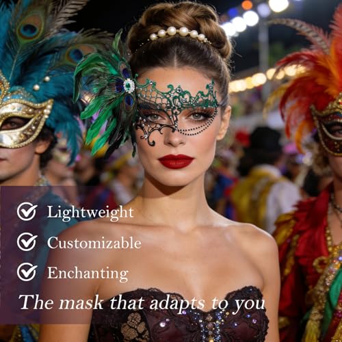 BEARAE Masquerade Mask for Women, Feather Lace Mardi Gras Mask, Peacock Venetian Costume Masks for Womens Masquerade Party