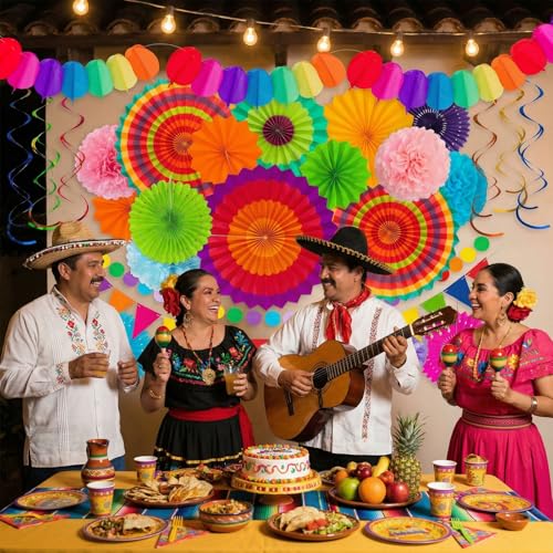 35PCS Fiesta Paper Fan Party Decorations Set - Cinco De Mayo Pom Poms,Pennant,Garland String,Banner,Hanging Swirls Hispani...