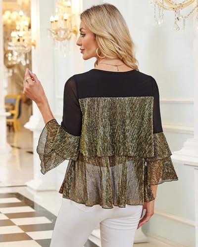 Bebonnie Womens Dressy Sparkly Peplum Tops 3/4 Sleeve Ruffles Elegant Evening Flowy Blouses