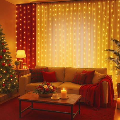 DomeStar 300 LED Curtain Lights for Bedroom, 9.8 x 9.8 FT Battery Operated Christmas Fairy Lights with 8 Modes Remote Chri...