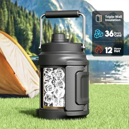64 oz Insulated Water Bottle for Gym: Meoky Triple Wall Vacuum Stainless Steel Half Gallon Water Jug - Top and Side Handle...