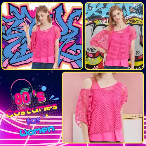 WILDPARTY Women's Casual Sexy Off Shoulder T-Shirt 80s 90s Outfit 80's Costume Fishnet Neon Shirt Summer Short Sleeve