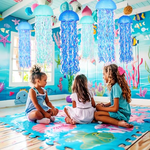 OBXT 10" Blue Hanging Jellyfish Paper Lanterns - Under the Sea Party & Mermaid Birthday Decorations, Baby Shower, Nautical...