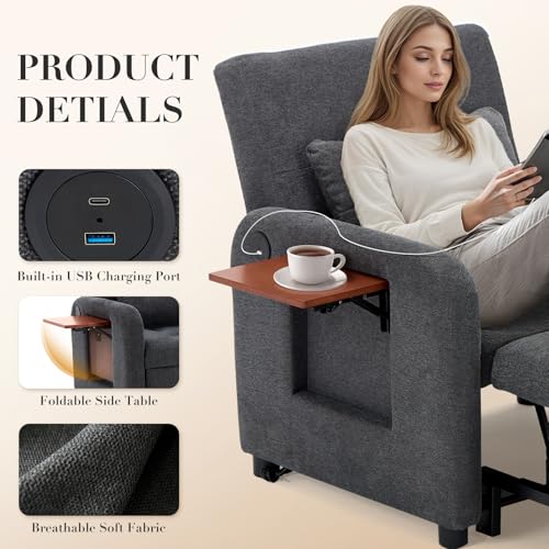 Convertible Sleeper Chair-Fabric Futon Sofa Bed, Single Sleeper Sofa, Small Couch Bed with USB Port, Foldable Table, Pillo...