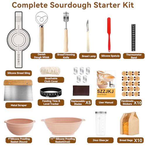SZZJKJ Sourdough Starter Kit, 24PCS Sourdough Bread Baking Supplies, Silicone Banneton Bread Proofing Basket Set of 2 (pin...