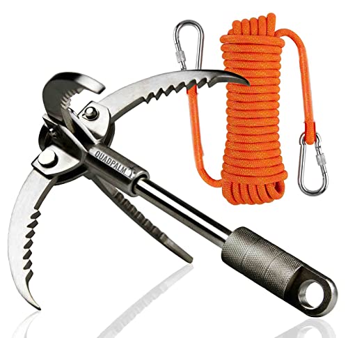 QUADPALM Grappling Hook and Rope 10M (32ft) - Multifunctional Heavy Duty Survival Hook - 4 Stainless Steel Folding Claws -...