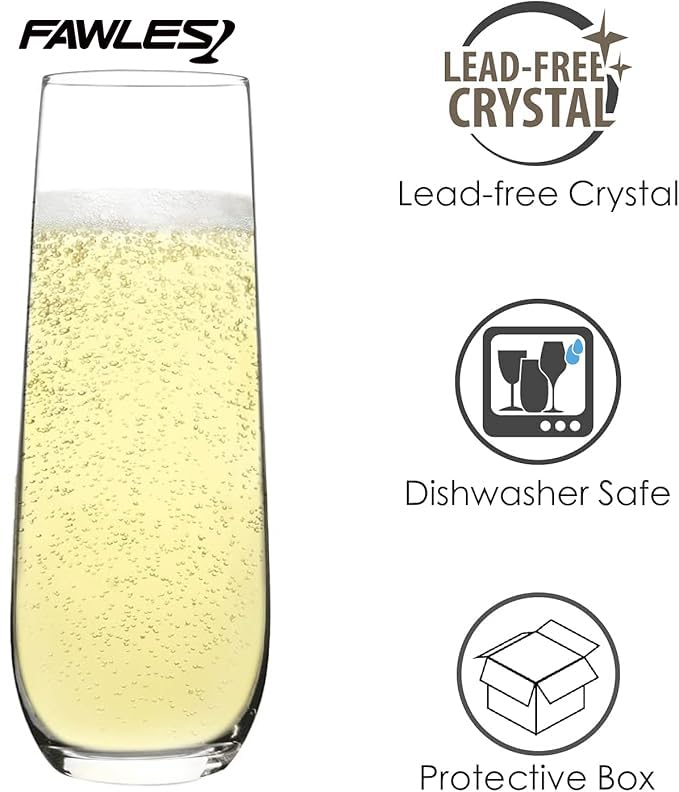 FAWLES Stemless Champagne Flutes Set of 12, Crystal Glass, 8 oz Champagne Glasses, Prosecco Mimosa Glasses Set