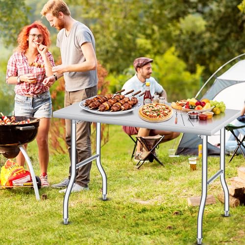 Folding Stainless Steel Table, 48x30 in, 400 LB Capacity, Heavy Duty Metal Foldable Prep/Work Table, No Assembly, Portable...