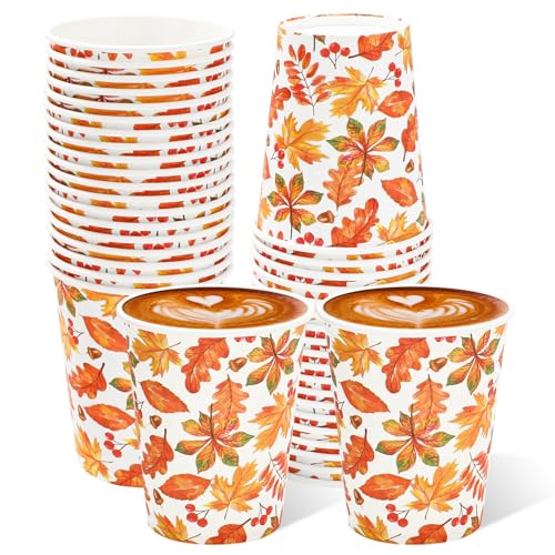 JarThenaAMCS 100Pcs Fall Paper Cups 9 oz Maple Leaves Disposable Coffee Cups for Autumn Thanksgiving Harvest Cold Hot Beve...