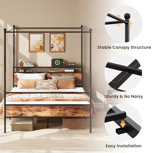 LIKIMIO Canopy Bed Frame Queen with Storage Headboard & Charging Station, Sturdy Metal Platform Bed with 4 Removable Post...