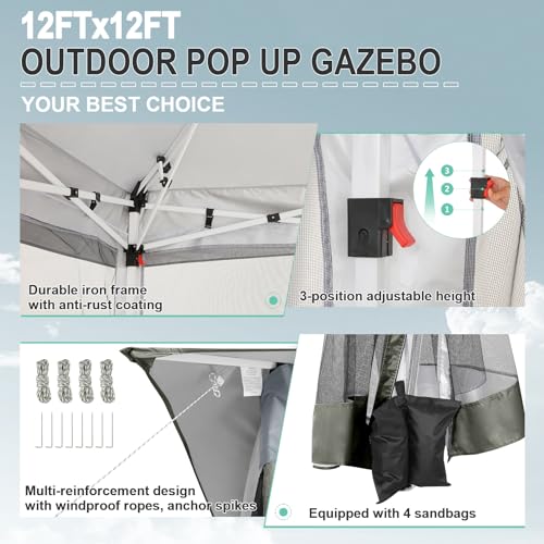 COBIZI 12x12 Pop up Gazebo on Clearance Outdoor pop up Canopy Tent with Mosquito Netting & Sandbags, with 4 Ropes 8 Stakes...