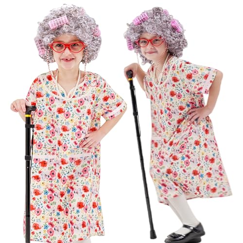 VersaCharm Kids 100 Days of School Costume for Girls, Old Lady Costume wig dress and Granny Grandma Set for Child