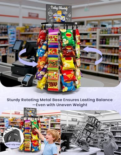Chip Rack Display Stand with Heavy-Duty 360° Smooth-Rotating Metal Base, 5 Tiers 40 Clips Chip Bag Holder Display, Candy S...