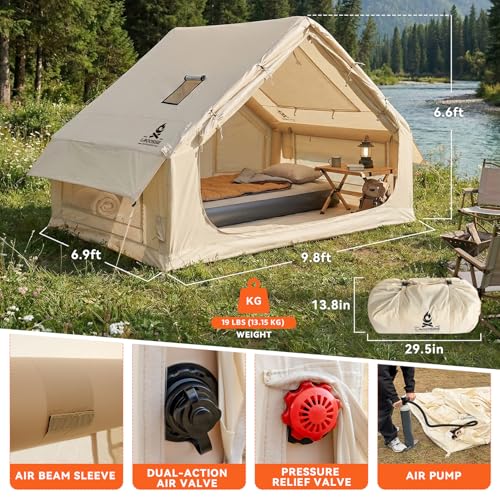 4 Person Inflatable Tent with Stove Jack & Canopy, 4 Season Glamping Air Tent with Panoramic Skylight, AC & Power Port, Wa...