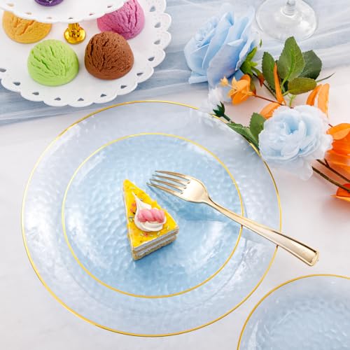 Rubtlamp 175 Pcs Plastic Dinnerware Set (25 Guests), Blue Disposable Plates With Gold Rim, Hammered Party Plates Set Inclu...