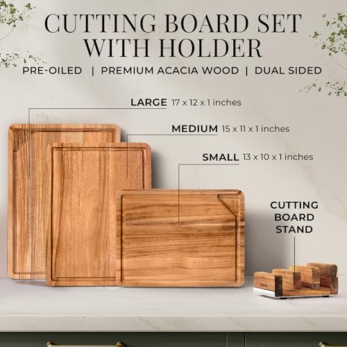 Acacia Wood Cutting Board Set with Holder – 4 Piece Wooden Cutting Board Set with Stand – Reversible Charcuterie Tray with...