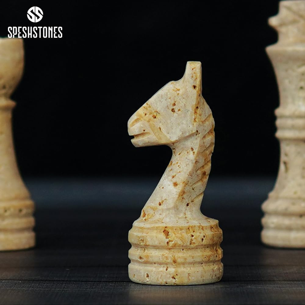 SPESHSTONES Marble Chess Set for Adults 12 Inch Handmade White and Travertine Chess Board Games with Storage Box, Travel Chess Game with 32 Chess Pieces & 2 Extra Queens, Gifts & Home Décor