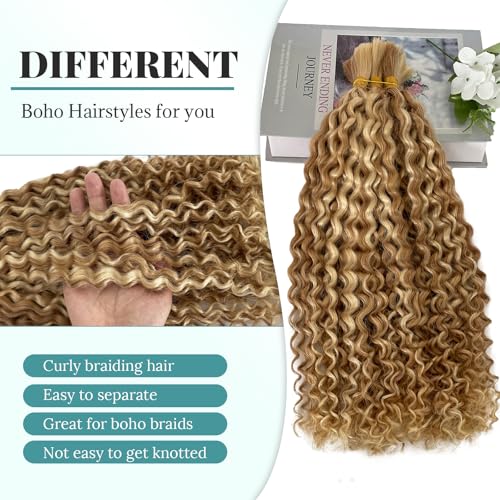 Blonde Braiding Hair 100g 28 Inch Water Wave 2 Bundle Bulk Human Hair for Braiding Highlight Honey Blonde Curly Hair Extensions for Boho Braids Wet and Wavy Human Braiding Hair