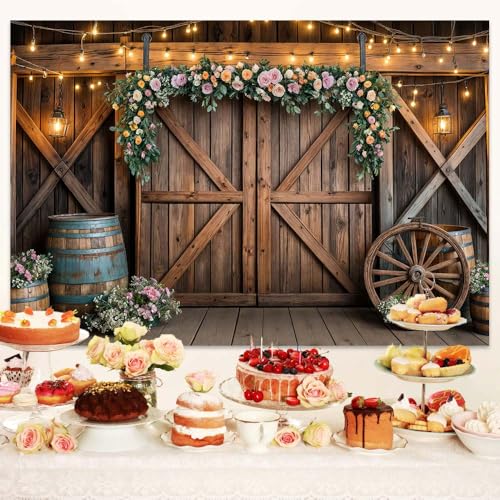 10x8ft Country Wedding Photography Backdrop Rustic Barn Door Photography Backdrop Farmhouse Pink Flower Cabin Wooden Birth...
