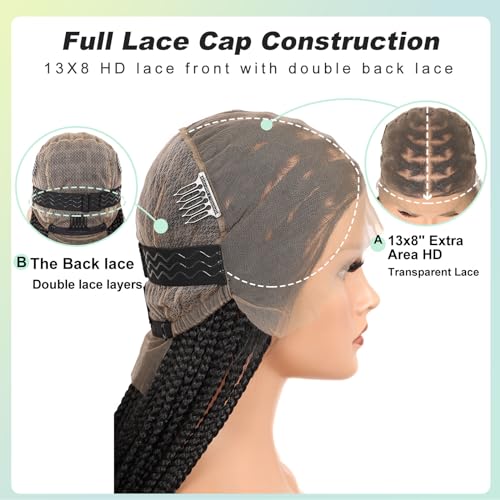13x8 Inch HD Lace Front Box Knotless braided Wigs With Baby Hair Braided Wig For Women With Boho Curly Ends Black Premium Synthetic 36 Inch