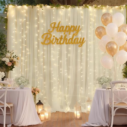 10×10ft Cream White Tulle Backdrop Curtain with Lights String for Parites, Sheer Photo Curtain Backdrop Drapes for Wedding...