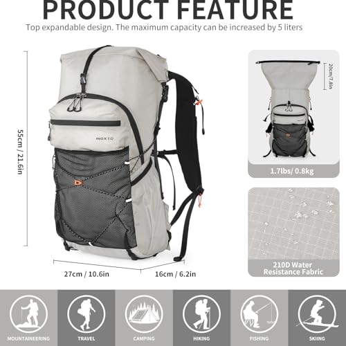 IX INOXTO Hiking Backpack for Men and Women, 30L Waterproof Camping Backpack with 3L Water Bladder and Rain Cover (Light g...