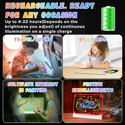 Rechargeable LED Drawing Board for Kids with 7 Colors, Magnetic LED Note Lumi Board with 4 Magnets and Invisible Stand, Li...