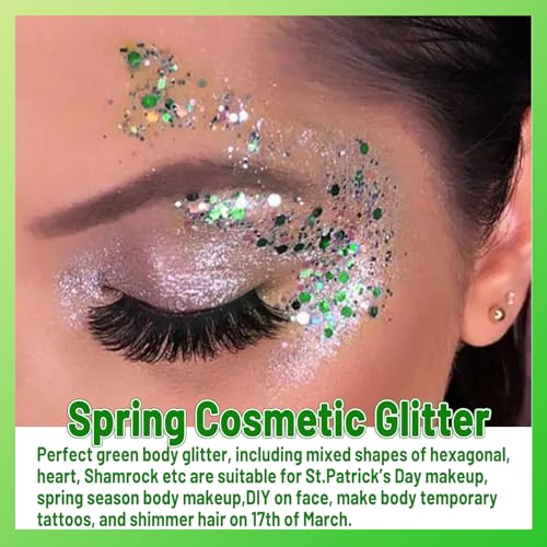 Allstarry Green Body Glitter, 4 Colors Cosmetic Green Face Glitter, Shamrock Face Eyeshadow Makeup Hair and Eye Glitter St...