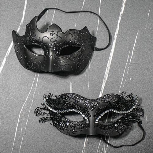 BCARICH Masquerade Masks For Couples, Women Cosplay Mask with Rhinestone and Venetian Style Men Mask for Mardi Gras Halloween