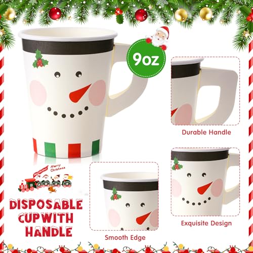Maxcheck 100 Pieces Christmas Paper Cups with Handle 9 oz Holiday Disposable Cups Drinking Hot Chocolate Coffee Cup for Xm...