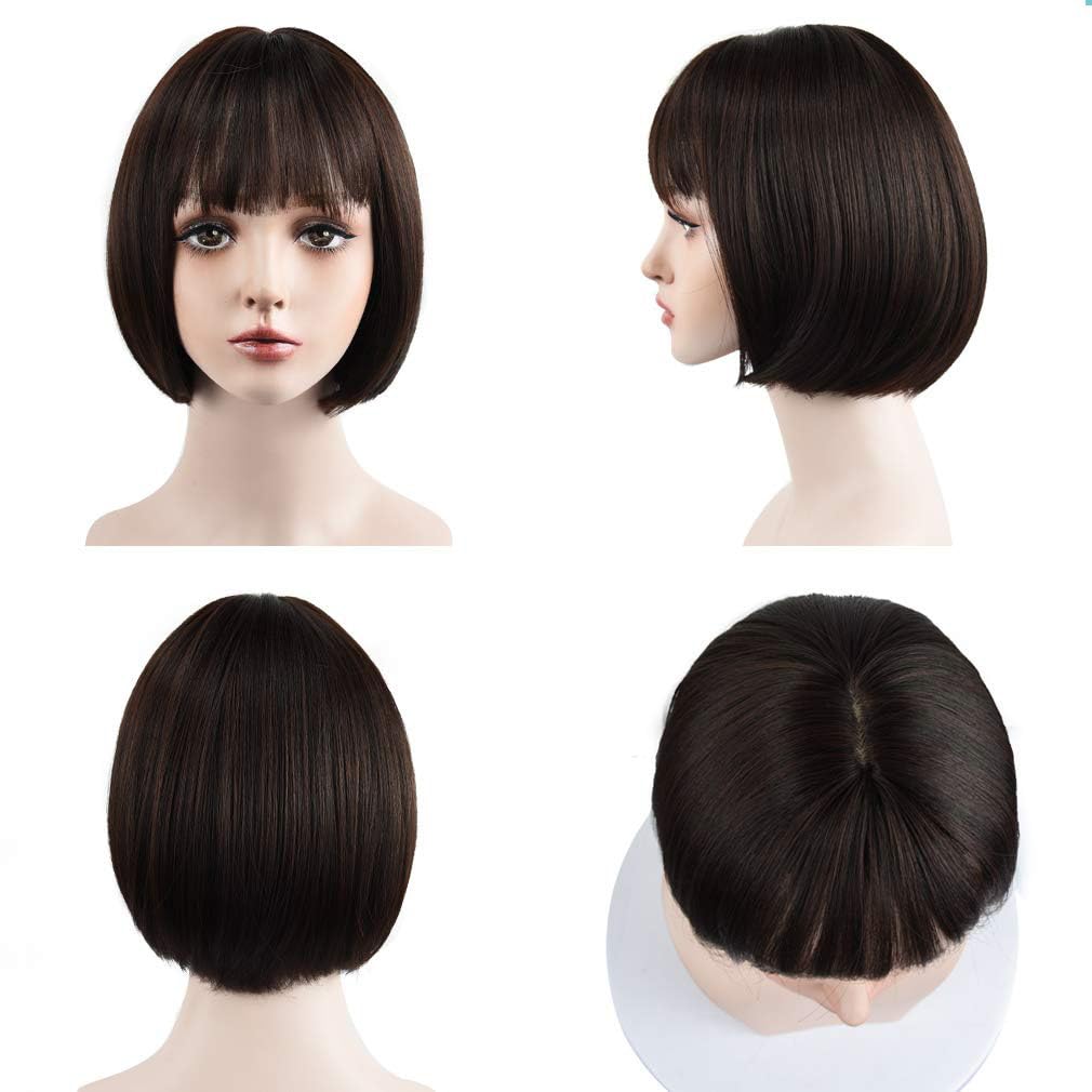 REECHO 11 Short Bob Wig with bangs Synthetic Hair for White Black Women Color: Dark Brown