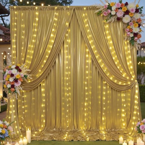 10x10 ft Gold Sequin Backdrop Curtain with Lights for Parties, Wrinkle Free Glitter Photo Backdrop Drapes Shimmer Back Dro...
