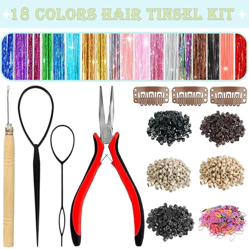 Hair Tinsel,18 Colors Hair Tinsel Kit for Girls 7600 Strands Fairy Tinsel Hair Extensions Holographic Hair Tinsel Heat Res...