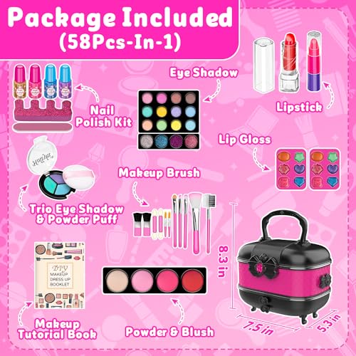 Hollyhi 58 Pcs Kids Makeup Kit for Girl, Princess Toys Real Washable Cosmetic Set with Mirror, Kids Makeup Sets for Girls,...