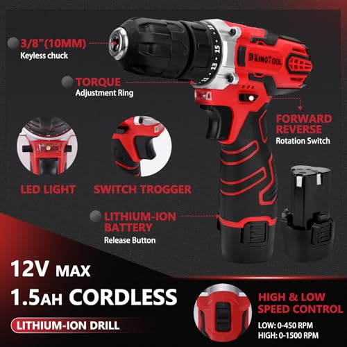 KingTool 276-Piece Tool Set Kit - Tool kit with 12V Cordless Power Drill Driver Toolbox Storage Case with Drawer, Drill Se...