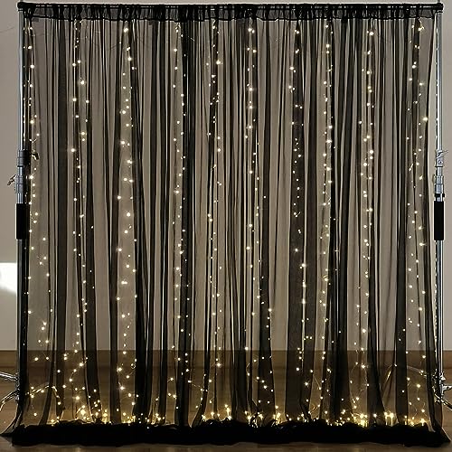 10×10ft Black Tulle Backdrop Curtain with Lights String for Parites, Sheer Photo Backdrop Curtains for Wedding Party Photo...