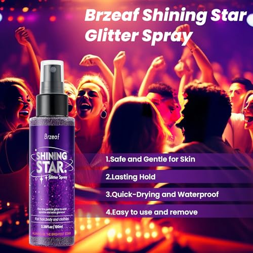 Brzeaf Waterproof Glitter Spray, Christmas Glitter Spray for Hair and Body, Long-Lasting & Quick-Drying, Shiny Glitter Hai...