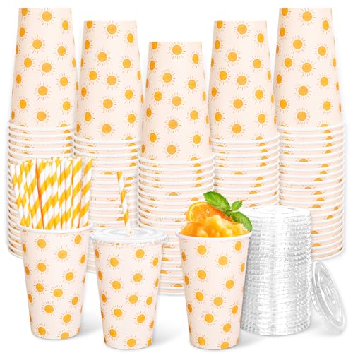 JarThenaAMCS 50 Set Boho Sun Paper Cups with Lids and Straws 16Oz Disposable Cute Sunshine Iced Coffee Tea Cups for Tea Bi...