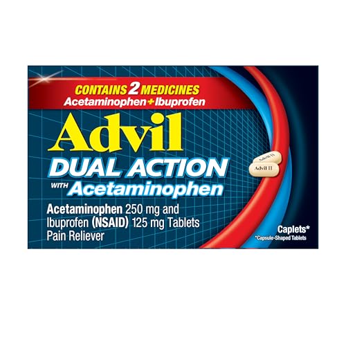 Advil Dual Action Coated Caplets with Acetaminophen, 250 Mg Ibuprofen and 500 Mg Acetaminophen Per Dose (2 Dose Equivalent) for 8 Hour Pain Relief - 2 Count x 50