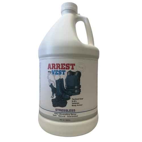 Arrest My Vest - Vest Odor Eliminating Spray for Body Armor, Tactical Gear, K9 Equipment, & Weighted Workout Vests Safe on All Ballistic Vests, Fabrics, & Police Gear Stressless Scent 1 Gallon Bottle