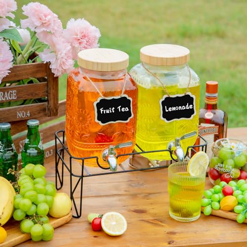 2-Pack1Gallon Glass Drink Dispensers for Parties,Beverage Dispenser with Stainless Steel Leakproof Spigot/Stand/Bamboo Lid...