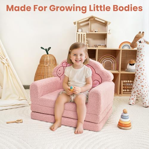TinyPalsa Kids Couch, Convertible Sofa to Lounger Fold Out, Pink Unicorn Design Chair for Toddlers 1-3, Gift for Birthday, Movie Night