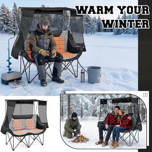 Heated Double Camping Chair with Canopy for Adult, Oversized 660lbs Folding Chair with Padded, 4 Heating Zones and 3 Heat ...